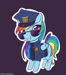  alasou blue_feathers chibi clothed clothing equine eyelashes eyewear feathers female feral friendship_is_magic hair hat hooves looking_at_viewer mammal multicolored_hair multicolored_tail my_little_pony pegasus pink_eyes police_uniform purple_background rainbow_dash_(mlp) rainbow_hair rainbow_tail simple_background smile solo sunglasses uniform wings 