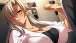  1boy 1girl bishop_(company) breasts dark_skin female game_cg handjob hetero kagami_hirotaka large_breasts long_hair mesu_kyoushi_3 mizusawa_chisato penis silver_hair tears yellow_eyes 