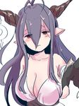  antenna_hair bad_id bad_pixiv_id bandaged_arm bandages bangs bare_shoulders black_gloves blush breasts closed_mouth collarbone crescent danua draph dress empty_eyes eyes_visible_through_hair fingerless_gloves frown gloves granblue_fantasy hair_between_eyes half-closed_eyes horn_ornament horns large_breasts long_hair looking_at_viewer myouji_namawe outstretched_arm outstretched_hand pointy_ears purple_hair red_eyes simple_background solo underbust upper_body white_background white_dress 