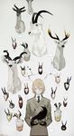  akechi_gorou animal_skull badge bangs bird black_gloves black_neckwear blazer brown_hair bunny_head buttons closed_mouth collared_shirt deer_head dress_shirt gloves grey_background hair_between_eyes highres holding jacket kaninn long_sleeves looking_at_viewer male_focus necktie persona persona_5 raven_(animal) red_eyes shirt signature smile solo striped striped_neckwear taxidermy trophy_head twitter_username upper_body white_shirt 