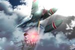  1girl absurdres ace_combat ace_combat_7 artist_name brown_hair cloud cloudy_sky comic commentary_request e16a_zuiun hibiki_zerocodo highres hyuuga_(kantai_collection) japanese_clothes kantai_collection parachute parody propeller short_hair short_sleeves skirt sky solo sunlight 