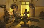  backlighting black_hair blurry commentary dark door from_behind gas_mask hand_up hose indoors labcoat light long_hair operating_table original ponytail scenery science_fiction sitting sketch snatti solo 