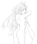  animal_ears ass bad_id bad_pixiv_id breasts cleavage convenient_censoring ewokaku_kitsune greyscale hair_censor holding lineart long_hair looking_at_viewer looking_back monochrome nape nude original shoulder_blades sideboob simple_background solo spine towel white_background 