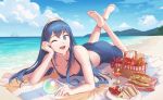  1girl :d alternate_costume apple awan97 bangs bare_shoulders beach berry blue_bikini_top blue_eyes blue_hair blue_sarong blue_sky breasts cleavage cloud commentary cup drink drinking_glass english_commentary fire_emblem fire_emblem:_kakusei fire_emblem_heroes food fruit full_body hair_between_eyes horizon legs_crossed long_hair looking_at_viewer lucina lying medium_breasts mountainous_horizon nintendo ocean on_stomach one_eye_closed open_mouth orb picnic_basket plate sand sandwich sarong ship shore sky smile solo tiara towel watercraft waves wine_glass 