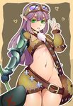  armor asymmetrical_clothes breasts brown_hair colored_eyelashes cosplay cowboy_shot dwarf_(monster_girl_encyclopedia) dwarf_(monster_girl_encyclopedia)_(cosplay) eyebrows gloves gnome_(mon-musu_quest!) goggles goggles_on_head green_eyes halphelt hammer heart long_hair looking_at_viewer mon-musu_quest! monster_girl_encyclopedia navel no_panties non-web_source open_mouth outline pointy_ears ringed_eyes shoulder_armor simple_background single_glove small_breasts solo stomach thick_eyebrows thick_thighs thighs triangle_mouth underboob v 