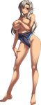  barefoot blue_swimsuit breasts competition_swimsuit contrapposto covering covering_breasts full_body hand_on_thigh highres kagami_hirotaka large_breasts long_hair looking_at_viewer mesu_kyoushi_3 mizusawa_chisato official_art one-piece_swimsuit silver_hair standing swimsuit transparent_background 