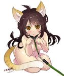  ahoge animal_ears blush brown_eyes brown_hair cat_ears cat_girl cat_tail commentary_request kneeling leash long_hair looking_at_viewer navel nude original paw_pose shangguan_feiying simple_background solo tail tears wavy_mouth white_background 