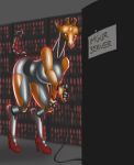  anthro bent_over big_breasts breasts clothing cybernetics cyborg female footwear glowing glowing_eyes high_heels horn imgur imguraffe importantquestions machine orange_skin robot shoes silver_skin simple-background white_eyes 