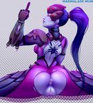  1girl anus ass blue_hair blue_skin bodysuit crotch_cutout ear_studs from_behind gloves gradient_background head_mounted_display lips long_hair looking_back marmalade_mum middle_finger overwatch ponytail pussy solo tattoo uncensored widowmaker_(overwatch) yellow_eyes 