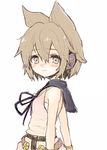  :| bare_shoulders beige_eyes belt blush bracelet brown_hair closed_mouth dress earmuffs eyebrows furorida jewelry looking_at_viewer neck_ribbon pointy_hair ribbon sad sarashi short_hair shy simple_background sleeveless solo touhou toyosatomimi_no_miko upper_body white_background 