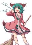  ;d animal_ears bamboo_broom broom dress green_eyes green_hair highres kasodani_kyouko mazume one_eye_closed open_mouth smile solo tail touhou 