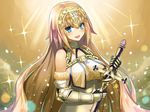  :d asato_(fadeless) bare_shoulders blonde_hair blue_eyes blush breasts elbow_gloves fate/apocrypha fate/grand_order fate_(series) gauntlets gloves helmet highres holding holding_sword holding_weapon jeanne_d'arc_(fate) jeanne_d'arc_(fate)_(all) large_breasts long_hair looking_at_viewer open_mouth smile solo sword very_long_hair weapon 