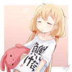  bare_shoulders blonde_hair carrying closed_eyes clothes_writing futaba_anzu idolmaster idolmaster_cinderella_girls j.h_j.h long_hair low_twintails off_shoulder shirt short_sleeves sleepy solo stuffed_animal stuffed_bunny stuffed_toy t-shirt twintails you_work_you_lose 