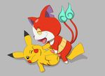  aliasing anal anal_penetration animal_genitalia annoyed balls cel_shaded cute_fangs duo erection eyes_closed featureless_limbs feline feral grey_background jibanyan legs_up looking_away looking_pleasured lying male male/male mammal nintendo on_back open_mouth penetration penis pikachu pok&eacute;mon sheath side_view simple_background tapering_penis tongue tongue_out video_games wattacat yo-kai_watch 