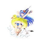  ;d alternate_costume armpits arms_up ass_visible_through_thighs bikini bird blue_hair blue_swimsuit blush bracelet breasts cleavage duck eyebrows eyebrows_visible_through_hair flower front-tie_bikini front-tie_top full_body garrison_cap hair_flower hair_ornament hat holding holding_weapon innertube jewelry jumping legs_up long_hair looking_at_viewer mana_(418208360) medium_breasts mini_hat navel official_art one_eye_closed open_mouth polka_dot polka_dot_bikini quincy_(zhan_jian_shao_nyu) red_eyes sandals scrunchie seagull see-through side-tie_bikini smile solo splashing swimsuit thigh_gap thigh_strap transparent_background water water_gun weapon wrist_scrunchie zhan_jian_shao_nyu 