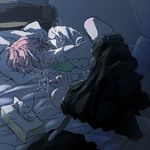  1boy bed blush dark edanaka eyes_closed hand_over_mouth high_speed! lying male_focus masturbation pillow pink_hair sheets shigino_kisumi short_hair tears text tissues undressing vibrator 