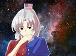  american_flag bangs black_eyes blue_shirt commentary_request covering_mouth dress eyebrows eyebrows_visible_through_hair flag frown hand_over_own_mouth long_hair looking_down mana_(tsurubeji) multicolored multicolored_clothes multicolored_dress multicolored_shirt nebula no_hat no_headwear parted_bangs puffy_short_sleeves puffy_sleeves red_shirt shirt short_sleeves silver_hair sky solo space star_(sky) sweatdrop touhou upper_body yagokoro_eirin 