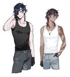  bad_id bad_tumblr_id belt black_hair brown_hair collarbone contemporary dark_skin dark_skinned_male eyepatch gloves half_gloves jewelry male_focus molly multicolored_hair multiple_boys ookurikara pendant red_hair shokudaikiri_mitsutada sweatdrop tank_top tattoo touken_ranbu two-tone_hair yellow_eyes 