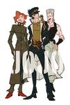  arm_on_shoulder black_hair chain domu_(hamadura) earrings gakuran hand_on_hip hat jean_pierre_polnareff jewelry jojo_no_kimyou_na_bouken kakyouin_noriaki kuujou_joutarou male_focus multiple_boys muscle open_mouth pouch red_hair school_uniform signature silver_hair smile stardust_crusaders triangle_mouth 