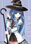  blue_eyes blue_hair hair_ornament hat keenh long_hair looking_at_viewer mages. mole mole_under_eye neptune_(series) open_mouth solo staff 