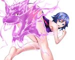  ass aura bare_legs barefoot blue_eyes blue_hair cerberus_(keijo!!!!!!!!) commentary competition_swimsuit finfia fujisaki_kotone keijo!!!!!!!! one-piece_swimsuit open_mouth simple_background soles swimsuit white_background 