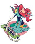 aged_down band-aid bandage clothing eye_patch eyewear female fin fish hair head_fin marine ponytail red_hair shorts simple_background solo synthesizer undertale undyne video_games white_background yellow_sclera 