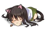  ahoge alastor_(shakugan_no_shana) animal_ears black_hair black_legwear blush cat_ears cat_tail closed_eyes eyebrows eyebrows_visible_through_hair full_body green_skirt hair_between_eyes jewelry kemonomimi_mode long_hair lying on_stomach pendant roke school_uniform shakugan_no_shana shana shirt short_sleeves simple_background skirt sleeping solo tail thighhighs white_background white_shirt 