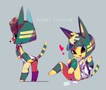  &lt;3 2016 amks_krg animal_crossing ankha anthro bandage butt cat egyptian english_text feline female fur grey_background headdress looking_back mammal nintendo open_mouth pawpads simple_background smile sparkles striped_tail stripes text video_games yellow_fur 