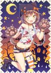  :d animal_hat bat blush boots brown_hair cat_hat cat_paws collar commentary crescent_moon halloween hat hat_ornament highres ichi_makoto jack-o'-lantern midriff moon navel off_shoulder open_mouth original paw_print paws shirt short_hair short_shorts shorts smile solo star strap striped striped_legwear tail torn_clothes torn_shirt wolf_girl wolf_tail yellow_eyes 