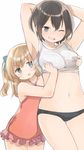  ;d arms_behind_head arms_up black_panties blonde_hair blue_eyes blush breast_grab breasts brown_hair collarbone criss-cross_halter eyebrows eyebrows_visible_through_hair frilled_swimsuit frills grabbing grey_shirt halter_top halterneck head_tilt height_difference highres long_hair medium_breasts multiple_girls murakami_meishi navel one_eye_closed one_side_up open_mouth original panties red_swimsuit shirt short_hair siblings simple_background sisters smile standing sweatdrop swimsuit thigh_gap underwear white_background 