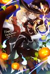  2boys albert_(shingeki_no_bahamut) alternate_costume arm_around_neck blonde_hair boots brown_eyes brown_hair cravat dated fang gloves gran_(granblue_fantasy) granblue_fantasy halloween_costume hat highres knee_boots male_focus multiple_boys nuu_(liebe_sk) parted_lips plant pumpkin red_eyes shingeki_no_bahamut vampire vines warlock_(granblue_fantasy) will-o'-the-wisp_(mythology) witch_hat 