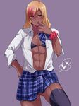  1boy abs androgynous bulge clothes crossdressing dark_skin erection_under_clothes ganguro heart-shaped_pupils hiuna_hayami licking_lips male muscle skirt skirt_lift solo trap 