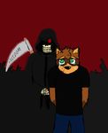  anthro black_nose black_topwear blood blue_bottomwear bone brown_fur clothed clothing crying death_(personification) fur glowing glowing_eyes green_eyes grey_background grim_reaper hooded_robe mammal melee_weapon olicoon ollie_(olicoon) polearm raccoon red_background red_eyes scythe simple_background skeleton skull tears universefoxy weapon 