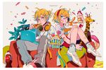  1girl blonde_hair bottle brother_and_sister candy cola computer drink drinking_straw food fork giraffe headphones holding_pizza kagamine_len kagamine_rin laptop makoji_(yomogi) pizza popcorn short_hair siblings stuffed_animal stuffed_bunny stuffed_toy twins vocaloid 