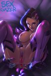  1girl anal_beads anus areolae artist_name breasts clitoris looking_at_viewer multicolored_hair nipples overwatch parted_lips pubic_hair purple_eyes pussy sexgazer solo sombra_(overwatch) teeth thigh_boots uncensored 
