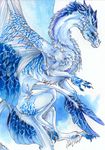  ambiguous_gender blue_eyes blue_feathers claws dragon feathered_dragon feathered_wings feathers feral fur furred_dragon isvoc nude simple_background smile solo traditional_media_(artwork) white_background white_fur wings 