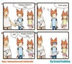 2boys 4koma :d ? ^_^ absurdres anger_vein animal_ears blush brother_and_sister closed_eyes comic commentary_request directional_arrow english facial_hair father's_day father_and_daughter father_and_son fish greenteaneko highres implied_incest implied_pregnancy low_twintails multiple_boys mustache nose_blush o_o open_mouth original shaded_face shirt shocked_eyes short_hair short_twintails siblings smile surprised sweat t-shirt tail turn_pale twintails watermark web_address |_| 