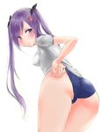  1girl ass blush breasts gym_uniform kamiya_agari large_breasts purple_eyes purple_hair ribbon shakunetsu_no_takkyuu_musume solo twintails 