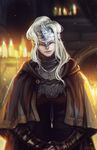  blonde_hair candle cloak covered_eyes dark_souls_iii fire_keeper highres jewelry light_smile long_hair mask natasha_(enijoi) necklace solo souls_(from_software) 