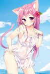  animal_ears blush braid breasts cat_ears cat_girl cat_tail chemise cleavage cloud collarbone day flower hair_flower hair_ornament hibiscus highres large_breasts long_hair looking_at_viewer momoirone no_bra no_panties original pink_eyes pink_hair revision see-through sky solo strap_slip tail water wet wet_clothes wet_hair 