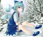  bare_tree between_legs blue_dress blue_eyes blue_footwear blue_hair bow cirno day dress forest full_body hair_bow hand_between_legs highres looking_at_viewer mary_janes nature netamaru outdoors puffy_short_sleeves puffy_sleeves shoes short_hair short_sleeves sitting smile snow socks solo touhou tree white_legwear wings winter 