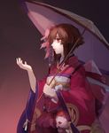  absurdres bad_id bad_pixiv_id brown_hair closed_mouth dark_background empty_eyes expressionless fish goldfish hair_ornament highres inxst japanese_clothes kagura_(onmyoji) kimono layered_clothing lips looking_to_the_side obi onmyoji oriental_umbrella pink_background red_eyes red_kimono sash short_hair sidelocks solo umbrella upper_body wide_sleeves 