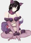  animal_ears bare_shoulders black_hair bob_cut bow breasts cleavage commentary cosplay dangerous_beast elbow_gloves expressionless fate/grand_order fate_(series) fur-trimmed_gloves fur_trim gloves hair_over_one_eye halloween halloween_costume highres indian_style kara_no_kyoukai looking_at_viewer mash_kyrielight mash_kyrielight_(cosplay) mirufi-yu parted_lips pink_bow purple_eyes purple_gloves purple_legwear ryougi_shiki short_hair simple_background sitting solo tail thighhighs type-moon wolf_ears wolf_tail 