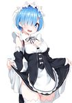  :d blue_eyes blue_hair blush breasts cleavage frilled_sleeves frills hair_ornament hair_over_one_eye highres lifted_by_self looking_at_viewer maid maid_headdress medium_breasts nebusoku open_mouth re:zero_kara_hajimeru_isekai_seikatsu rem_(re:zero) ribbon-trimmed_clothes ribbon_trim short_hair simple_background skirt skirt_lift smile solo standing thighhighs white_legwear x_hair_ornament 