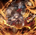 bangs bare_shoulders black_legwear blue_eyes bracer breasts dress eyebrows eyebrows_visible_through_hair fire glowing glowing_eyes granblue_fantasy hair_between_eyes hat holding holding_staff horns index_finger_raised large_breasts leaning_forward leg_up living_armor long_hair looking_away looking_to_the_side magic magisa_(granblue_fantasy) minotaur morax_(granblue_fantasy) open_mouth pink_eyes red_hat ryouku silver_hair sleeveless sleeveless_dress smile solo staff thighhighs turtleneck very_long_hair witch witch_hat zettai_ryouiki 