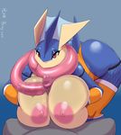  2016 absurd_res anthro areola big_breasts breasts clothing duo erection faceless_male female fishnet fishnet_legwear gradient_background greninja hi_res huge_breasts humanoid_penis legwear licking long_tongue male male/female nintendo nipples oral penis penis_lick plankboy pok&eacute;mon red_eyes saliva sex simple_background solo_focus titfuck tongue tongue_out video_games 