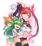  alternate_costume alternate_hairstyle bad_id bad_pixiv_id blitzcrank boots commentary gloves green_hair hair_ornament highres jinx_(league_of_legends) league_of_legends lee_seok_ho long_hair lulu_(league_of_legends) magical_girl multiple_girls navel red_eyes red_hair star_guardian_jinx star_guardian_lulu tears thighhighs tiara twintails yordle 