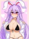  alternate_costume animal_ears bikini bikini_under_clothes black_bikini breasts bunny_ears collarbone flashing front-tie_top groin hair_between_eyes halter_top halterneck heart heart_background highres large_breasts long_hair looking_at_viewer open_clothes pink_background purple_hair red_eyes reisen_udongein_inaba sideboob skindentation smile solo sprout_(33510539) swimsuit touhou underboob 