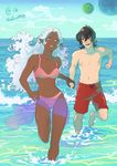  1girl black_hair blue_eyes bra breasts cloud dark_skin day earrings holding_hands hyakujuu-ou_golion jewelry keith_(voltron) male_swimwear medium_breasts navel ocean open_mouth panties partially_submerged pink_bra pink_panties planet pointy_ears princess_allura sasha_gladysh shirtless sky smile swim_trunks swimwear underwear voltron:_legendary_defender wavy_mouth white_hair 