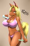  2016 anthro big_breasts blonde_hair blue_eyes bottle bra breasts brown_background brown_fur brown_skin cleavage clothed clothing english_text equine female food fur hair half-closed_eyes hi_res horse long_hair looking_at_viewer mammal nipple_bulge panties popsicle signature simple_background smile solo tailzkim text underwear water wide_hips 